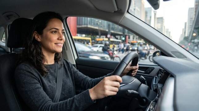 Motorista atento utilizando cinto de seguran&ccedil;a dentro de ve&iacute;culo em avenida movimentada de S&atilde;o Paulo destacando responsabilidade e preven&ccedil;&atilde;o de acidentes