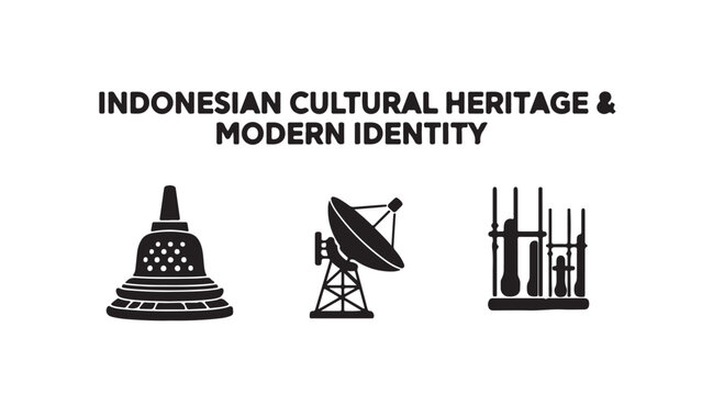 Indonesian Joglo House Roof and Futuristic City Line Art Silhouette
