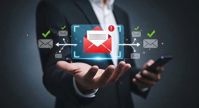 Professional displaying digital email communication flow and notification on a holographic interface, symbolizing modern business technology.