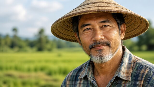 Middle aged Asian man wearing traditional conical hat standing in rice paddy field.
