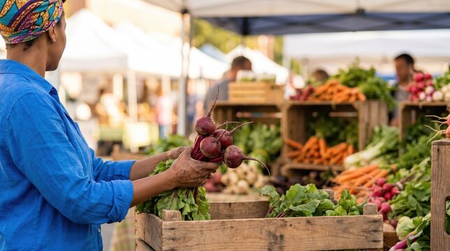 African american farmer holding fresh beets at an outdoor market stall. Local produce vendor arranging organic vegetables for farmers market shopping and healthy food selection.