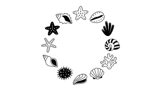 Summer frame. Sea shells and marine icons rotating circle animation with starfish coral and ocean elements simple black line style loop motion for beach theme design summer travel background