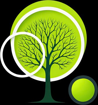 Minimalist illustration of a tree with fine branches centered within a large green sun-like circle and white ring elements