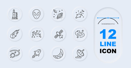 Fototapeta premium Space exploration set icon. Line style icons display rocket launch, alien head, planets, constellation, meteor, moon surface flag, satellite, galaxy swirl, shooting star, spacecraft