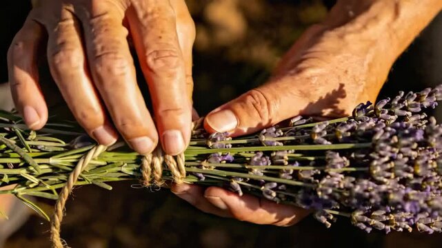 Wrapping gardener's weathered hands securing fresh cut lavender bunch in field with jute twine knot