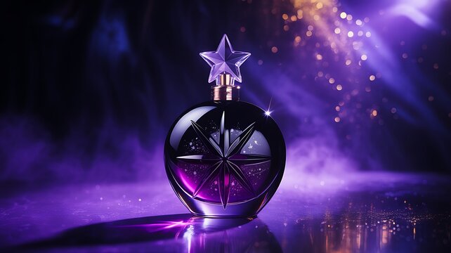 Luxury purple perfume bottle with star cap and glowing elegant background  