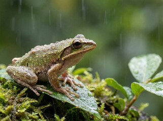 Fototapeta premium Close-up view of a small tree frog resting on wet moss with raindrops falling, capturing a moment of tranquility in a lush natural environment