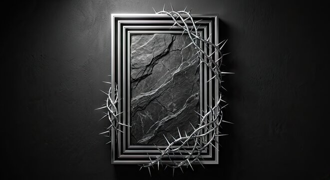 A dark, textured stone rectangle framed by multiple metallic borders and wrapped in a sharp crown of thorns against a black background