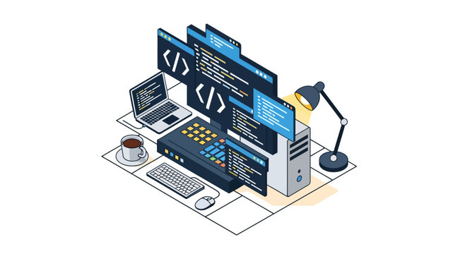 Isometric illustration of a coding workspace with computer screens and programming tools.