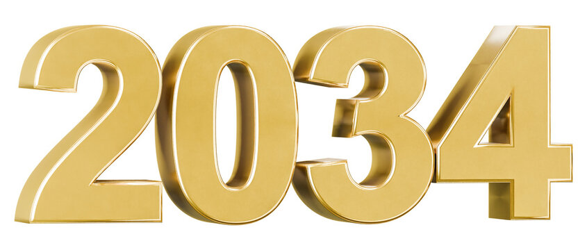 Shiny metallic gold year 2034 in 3D