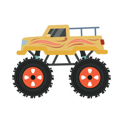 An illustration of a cartoon monster truck with large wheels and a brightly colored body. This extreme vehicle is designed for off-road driving. © Aleksandr