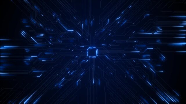 Blue micro chip circuit background glowing processor, electronic traces, board futuristic hardware AI semiconductor promos, computing intros, data visuals, tech screens, cyber overlays, software ads.