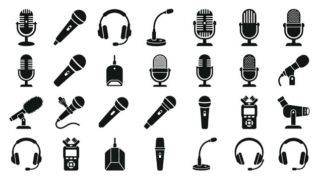 Collection of Professional Microphone and Audio Recording Equipment Icons.