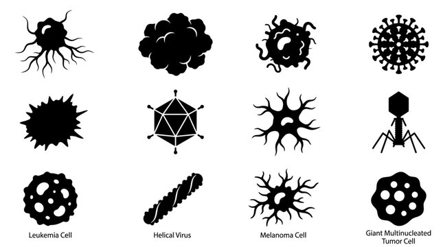 Collection of various virus and bacteria cell silhouettes.