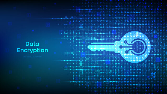 Data encryption concept. Cybersecurity and secure access. Electronic key icon made of binary code. Data protection, network security, privacy, binary data flow background. Vector illustration.