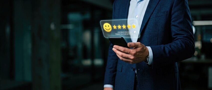 Evaluating customer satisfaction through mobile reviews modern office digital interaction corporate environment close-up perspective consumer insights for enhanced business strategies