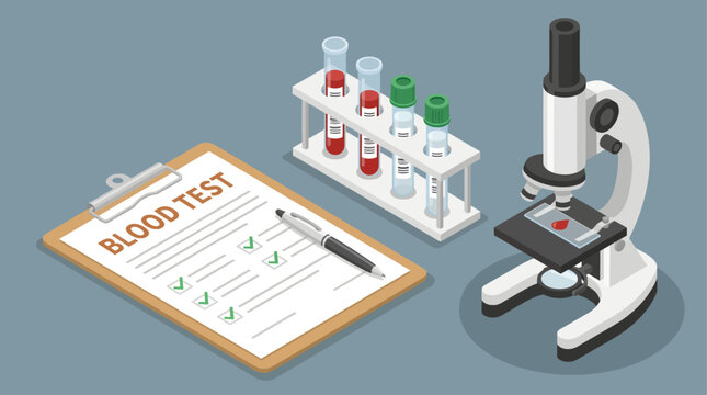 A detailed medical laboratory setup features a wooden clipboard displaying a marked blood test document, a sleek pen, a rack holding four specimen vials, and a modern microscope examining blood drops
