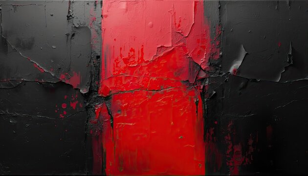 Abstract expressionist painting featuring a bold vertical red stripe cutting through a textured black background with cracked and peeling effects