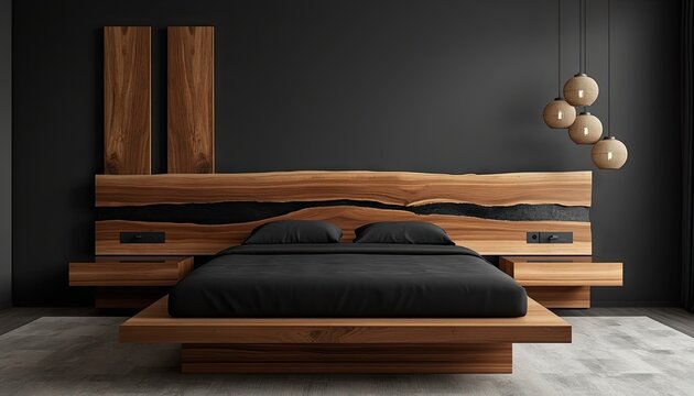 Contemporary dark bedroom featuring a live edge wooden headboard with a black resin river inlay and pendant lights