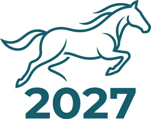 Fototapeta premium A stylized teal outline of a leaping horse above the number 2027, representing a future year or event.