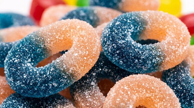 Delectable sugar-coated blue raspberry and peach gummy rings piled closely together with sparkling sugar crystals catching the bright light.