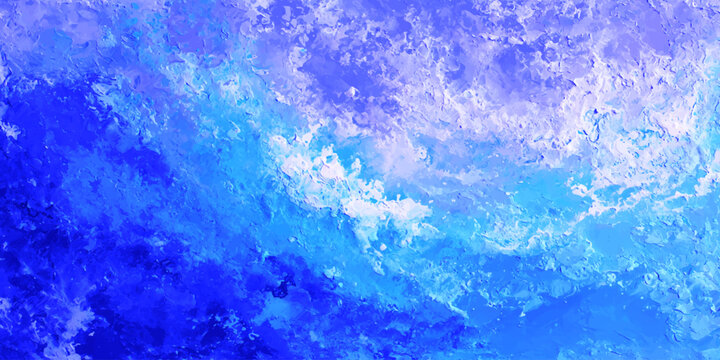An abstract blue watercolor background features a cold liquid texture with paint splashes and icy winter patterns that resemble a vintage nature surface or a light sky backdrop