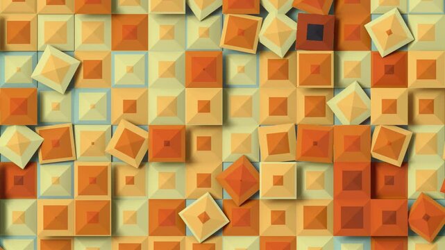 3D animation with a rhythmic pattern of 3D pyramids in a warm orange-yellow color scheme. Seamless looping graphics with a dynamic surface effect. A stylish background for presentations and designs