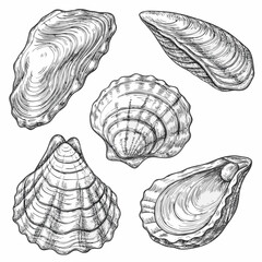 Oyster shells engraving vintage marine illustration on white background © Aduri