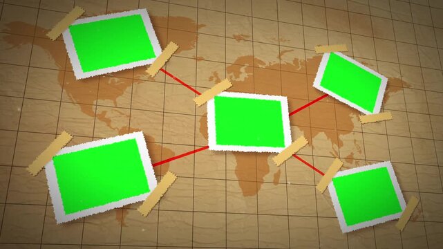 Global Photo Network Connection on Vintage World Map Background, green Photo frame animation 4k.