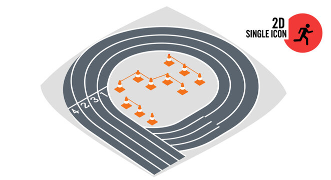 aerial view of a running track with orange icons.