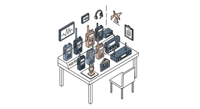 Cluttered workspace with office supplies.