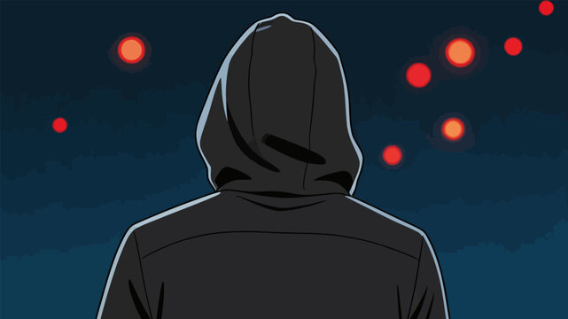 Back View of Hooded Figure in Dark Night with Red Bokeh Lights