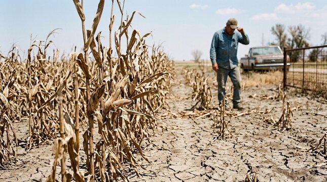 Devastating view of severely withered brittle brown corn stalks standing in a parched cracked dirt field with a worried farmer far behind.