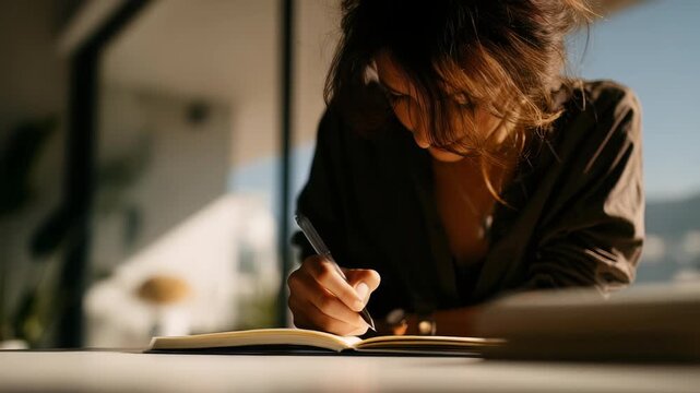 A thoughtful woman sits at a bright table, pen in hand, immersed in writing in her notebook. The scene captures creativity, concentration, and a peaceful workspace vibe