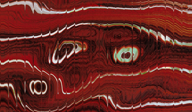 Red background texture abstract gradient shiny liquid with stripes effect. Wavy striped glass refraction.