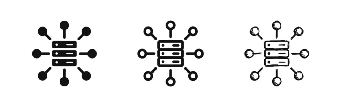 Server network and database distribution infrastructure connection icon set