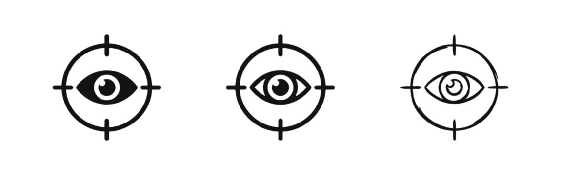 Focus and target audience icon set with eye symbol in crosshair aim
