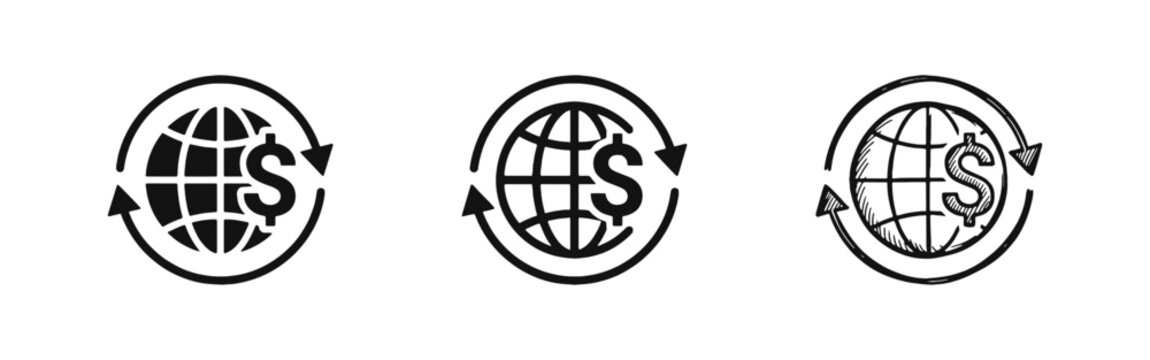 Global Money Exchange and Transfer Icon Set - World Currency Finance and Banking Symbol