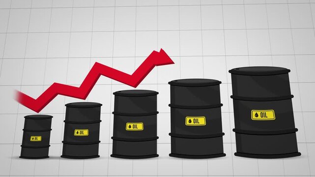 Rising Oil Prices Concept with Rising Arrow and Oil Barrels animation with white background.