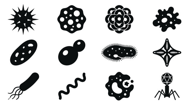 Set of black and white icons representing various microscopic bacteria and viruses.