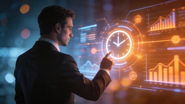 Businessman interacting with digital clock and data