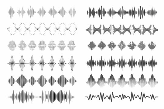 Sound wave patterns collection grayscale vector illustration on white background