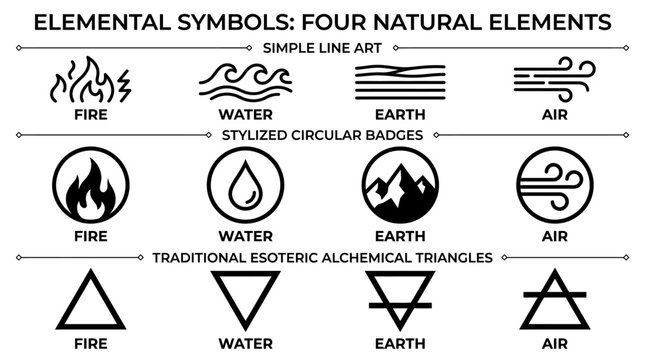 Set of four natural elements symbols featuring line art badges and alchemical triangles.