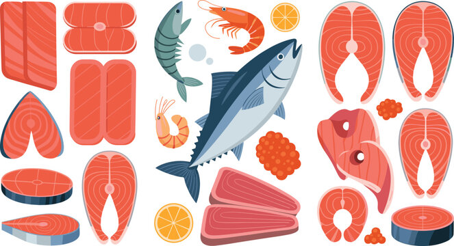 Fresh seafood collection with salmon steaks, tuna fish, shrimp, caviar and lemon slices, raw fish fillet cuts and seafood ingredients flat vector illustration set