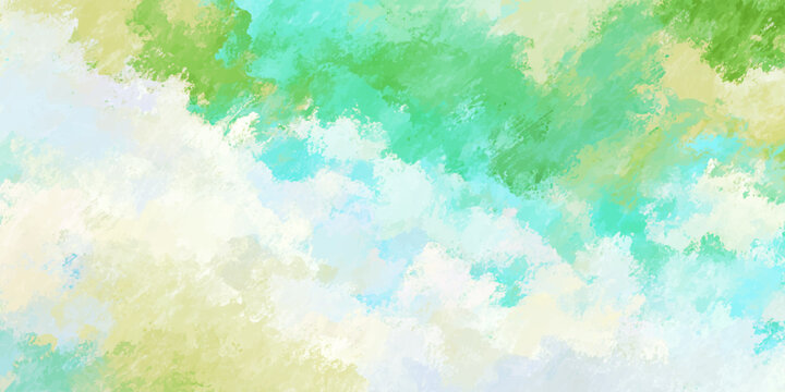 Abstract watercolor hand painted background with colorful ink splashes and artistic grunge texture on vintage paper featuring a blue sky and orange cloud design
