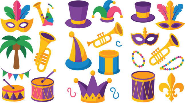 Colorful Mardi Gras carnival festival icons set with mask, jester hat, trumpet, drum, crown, beads and fleur de lis, flat vector illustration collection