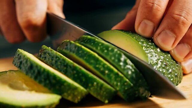 Starting slice, cook's hands slicing avocado half with chef's knife on wooden board, preparing meal