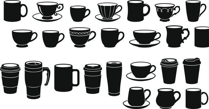 Cup and mug icons silhouette vector illustration featuring beverage motifs, decorative drinkware designs, abstract coffee patterns, and modern tea art