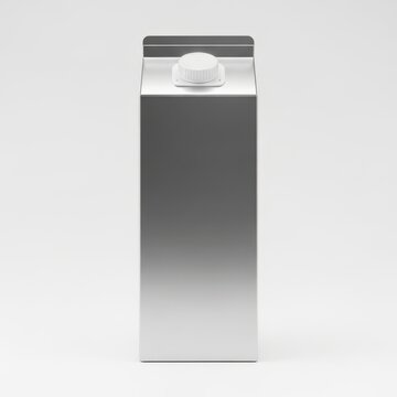 A sleek silver carton with a flip top cap on a white background.