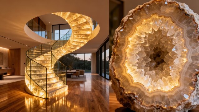 Modern spiral staircase and crystal geode